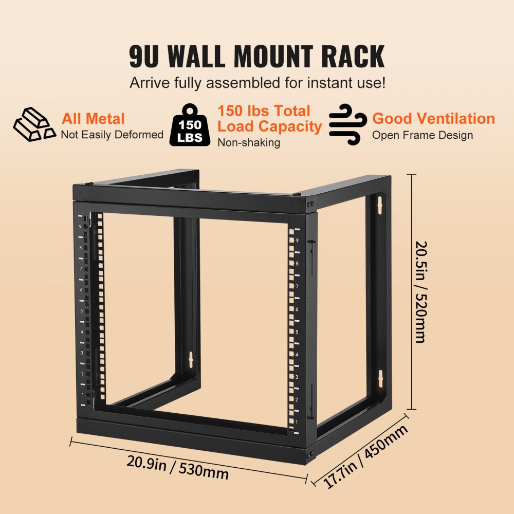 SPT-505-09 - 9U Carbon Steel Wall Mount Rack, 150 lbs, 18" Deep