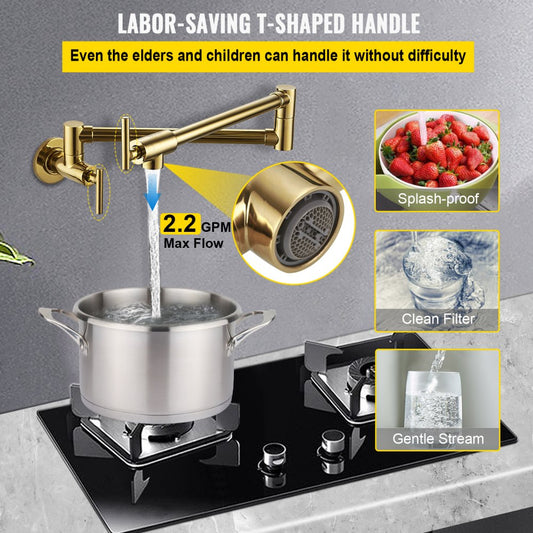 VV-BGSSLT21.5GO - Gold Brass Pot Filler Faucet with Dual Handles & Swing Arm