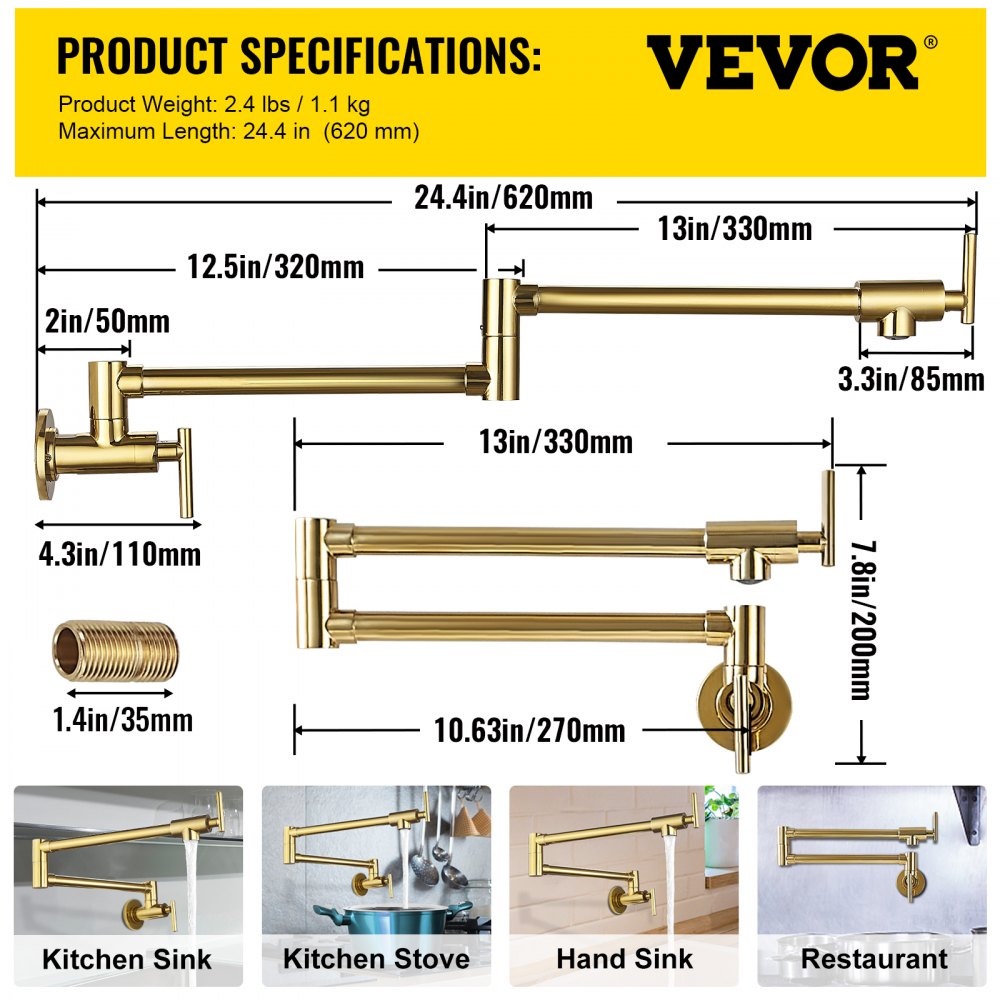 VV-BGSSLT21.5GO - Gold Brass Pot Filler Faucet with Dual Handles & Swing Arm