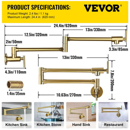 VV-BGSSLT21.5GO - Gold Brass Pot Filler Faucet with Dual Handles & Swing Arm