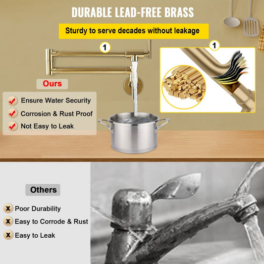 VV-BGSSLT23.6GO - Gold Brass Pot Filler Faucet with Double Handles