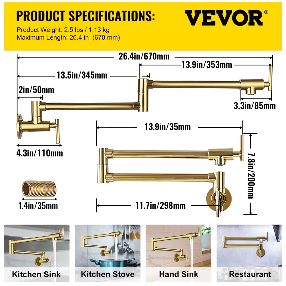 VV-BGSSLT23.6GO - Gold Brass Pot Filler Faucet with Double Handles