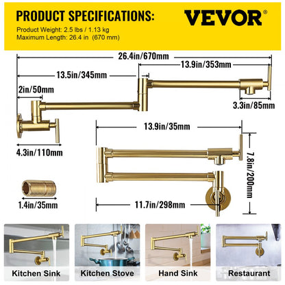 VV-BGSSLT23.6GO - Gold Brass Pot Filler Faucet with Double Handles
