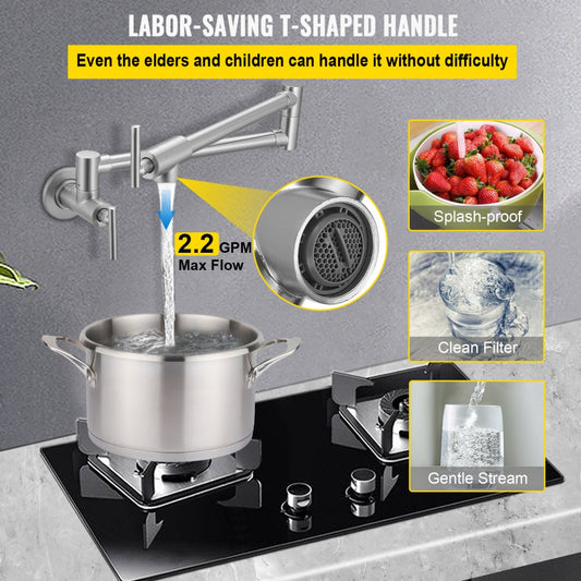 VV-BGSSLT23.6GY - Brushed Nickel Kitchen Pot Filler Faucet with Double Handles