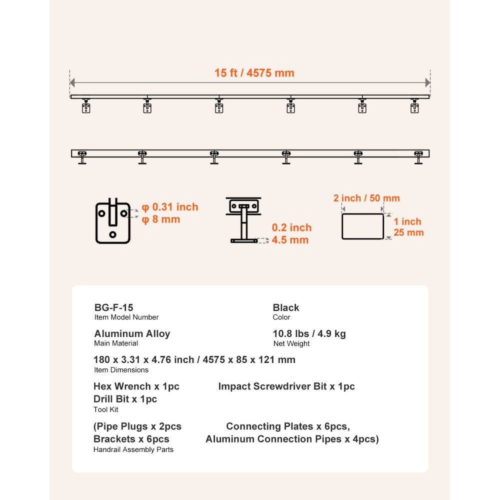 BG-F-15 - Durable Aluminum Wall Handrail, 250 lbs Capacity, 35” Height