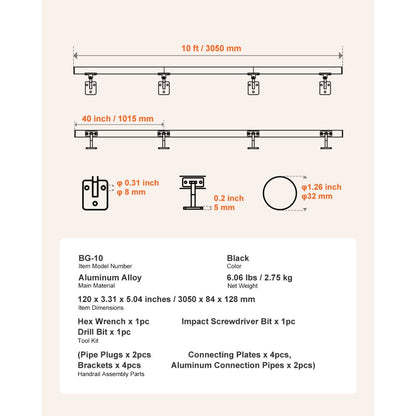 BG-10 - Aluminum Stair Handrail for Indoor/Outdoor Use, Rust-Resistant Support