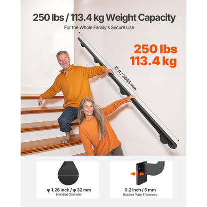 BG-12 - Durable Black Aluminum Wall Handrail for Stairs and Home Use