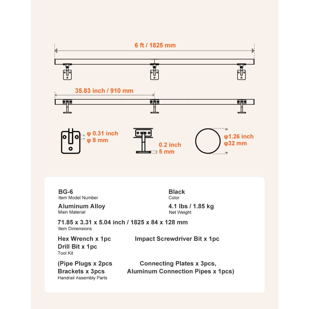 BG-6 - Versatile Aluminum Wall Mounted Handrail for Indoor & Outdoor Use