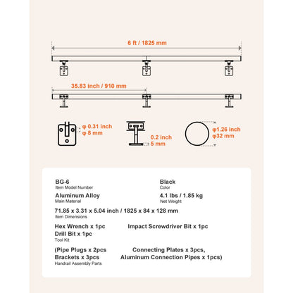 BG-6 - Versatile Aluminum Wall Mounted Handrail for Indoor & Outdoor Use