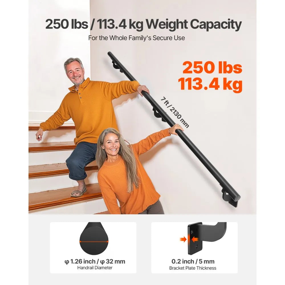 BG-7 - 7ft Black Aluminum Handrail for Stairs & Indoor Use