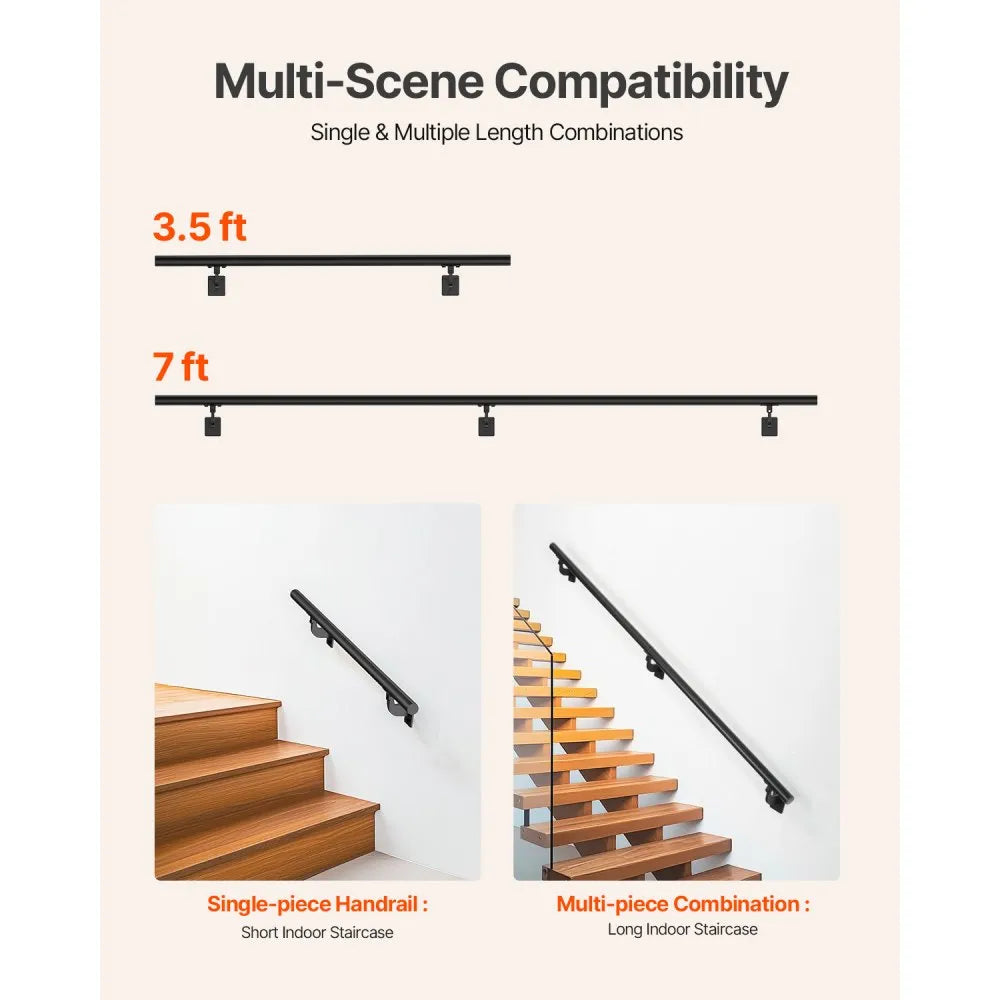 BG-7 - 7ft Black Aluminum Handrail for Stairs & Indoor Use