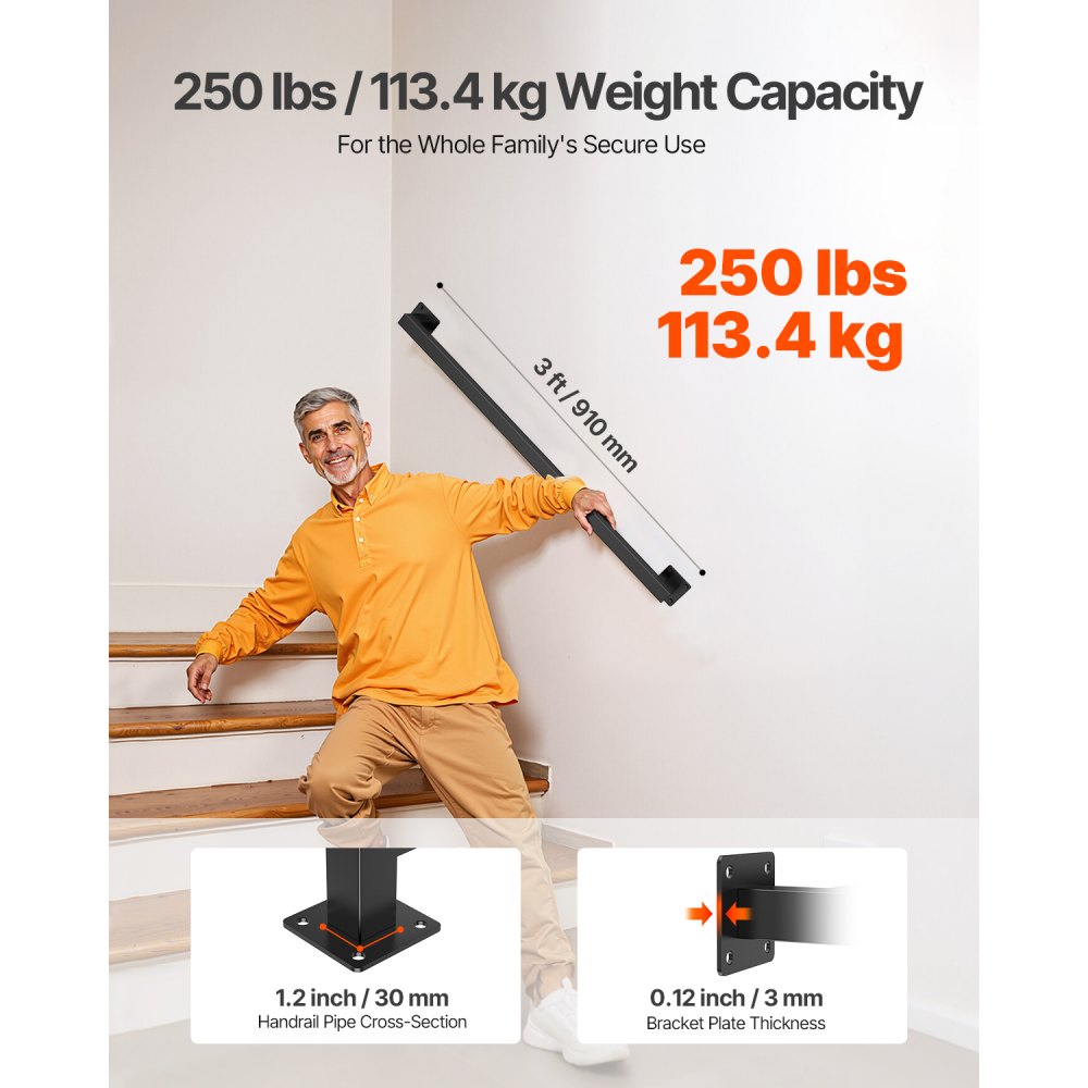 BG-TF-4 - Durable Wall Handrail for Stairs, 250lbs Capacity, Black Iron