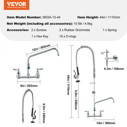 3803A-12-44 - 44-Inch Brass Commercial Faucet with Pre-Rinse Sprayer