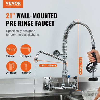 5803A-12-21 - Wall-Mounted Brass Faucet with Pre-Rinse Sprayer for Kitchens