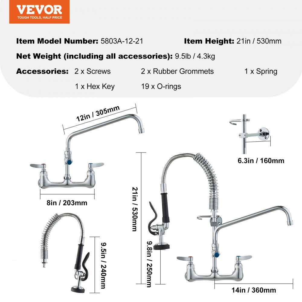 5803A-12-21 - Wall-Mounted Brass Faucet with Pre-Rinse Sprayer for Kitchens