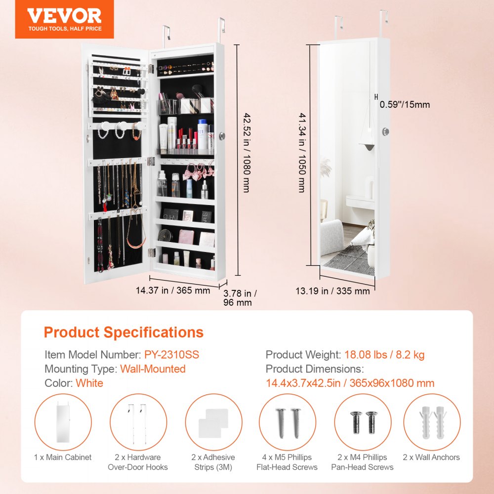 PY-2310SS - Wall-Mounted Jewelry Cabinet with Full-Length Mirror & LED Light