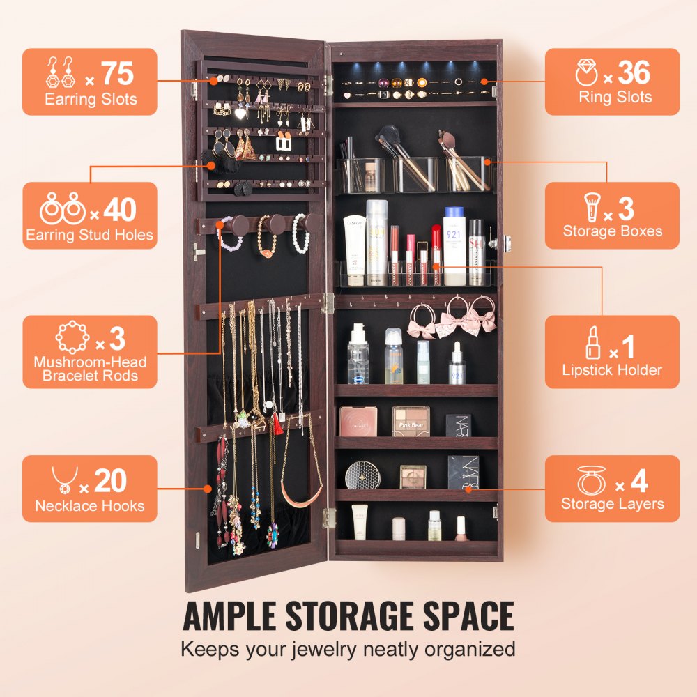 PY-2311SS - Full-Length Mirror Jewelry Cabinet with LED Light & Organizer