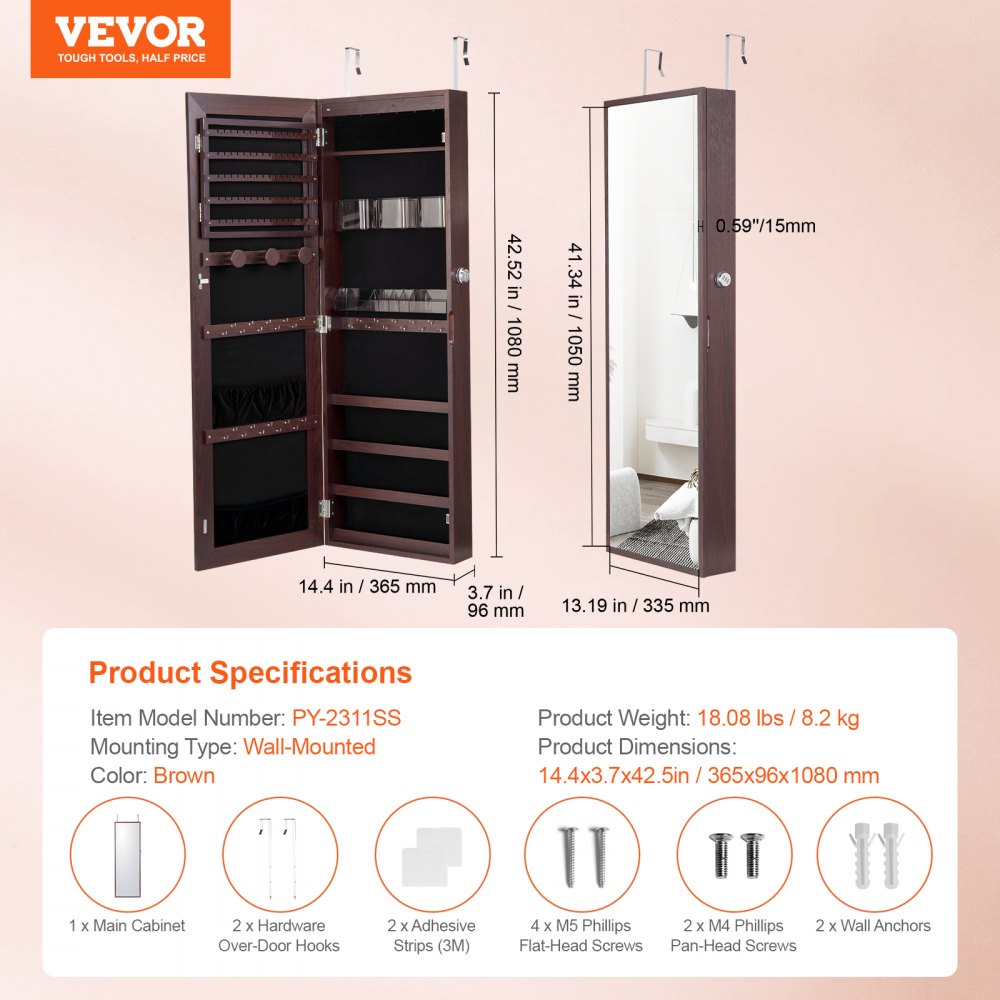 PY-2311SS - Full-Length Mirror Jewelry Cabinet with LED Light & Organizer