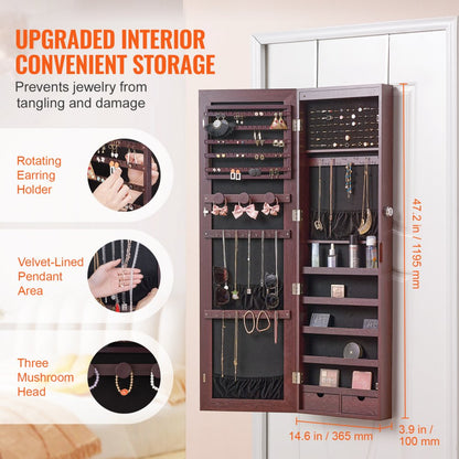 PY-2313SS - 47.2in Velvet-Lined Mirror Jewelry Cabinet with LED Light