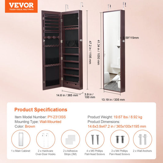 PY-2313SS - 47.2in Velvet-Lined Mirror Jewelry Cabinet with LED Light