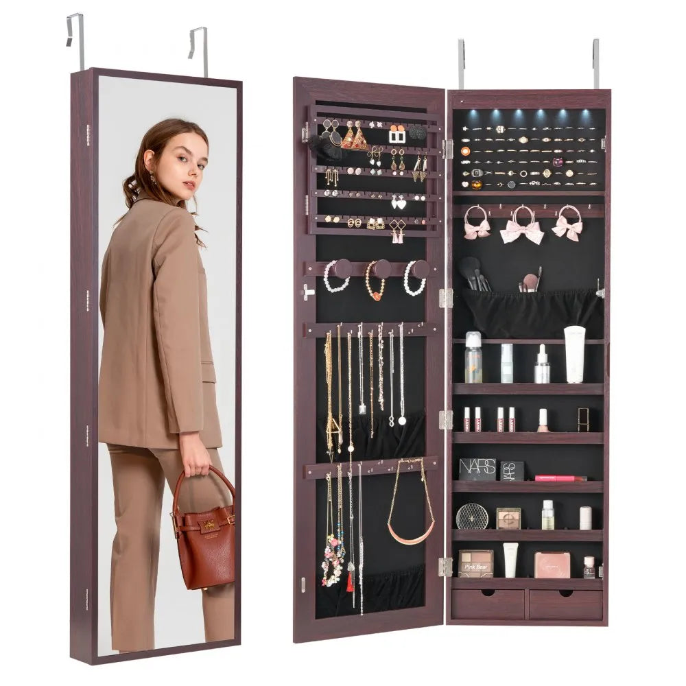 PY-2313SS - 47.2in Velvet-Lined Mirror Jewelry Cabinet with LED Light