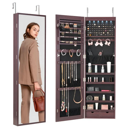 PY-2313SS - 47.2in Velvet-Lined Mirror Jewelry Cabinet with LED Light