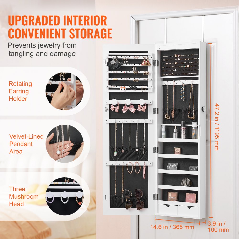 PY-2312SS - Full-Length Mirror Jewelry Cabinet with Velvet Storage, Lockable Design