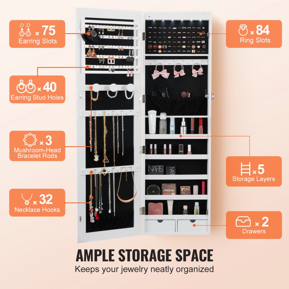PY-2312SS - Full-Length Mirror Jewelry Cabinet with Velvet Storage, Lockable Design
