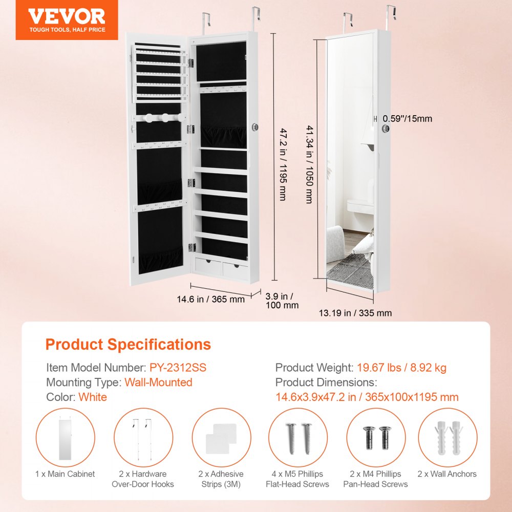 PY-2312SS - Full-Length Mirror Jewelry Cabinet with Velvet Storage, Lockable Design