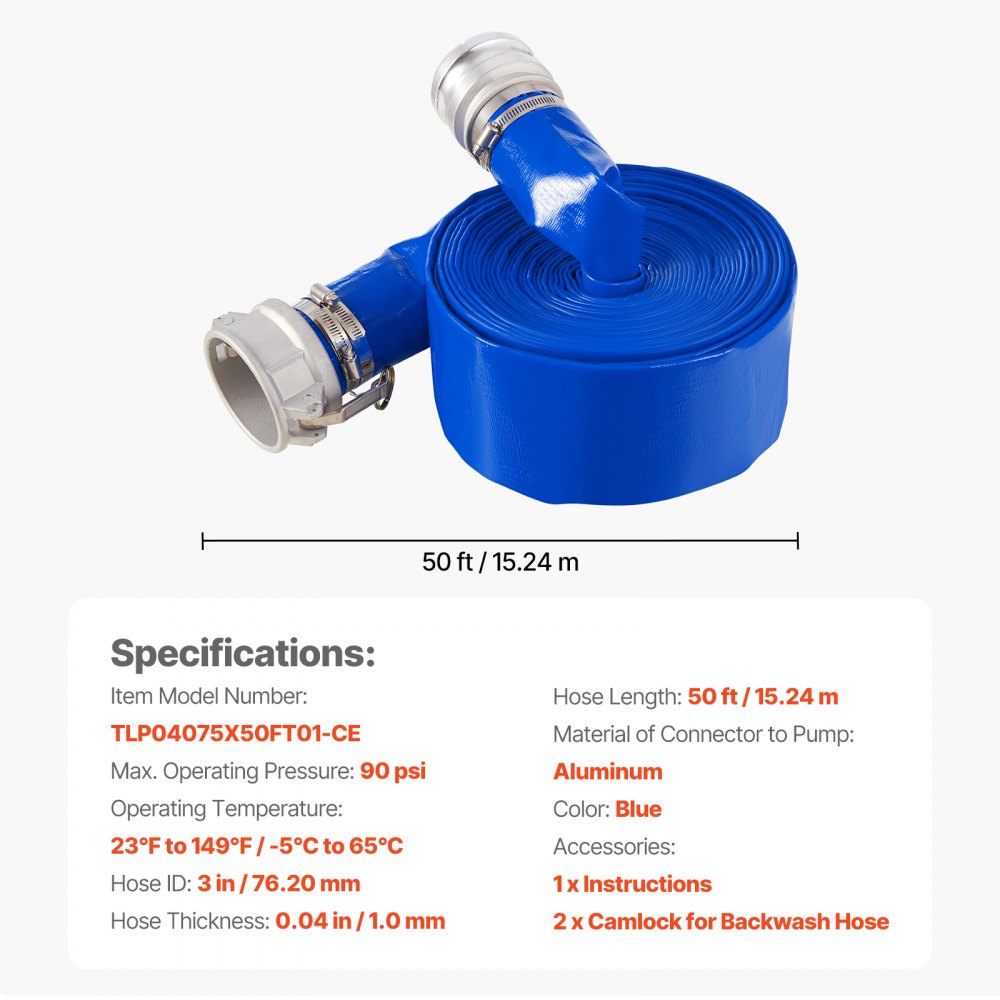 TLP04075X50FT01-CE - 3" x 50 ft Flexible PVC Backwash Hose Kit