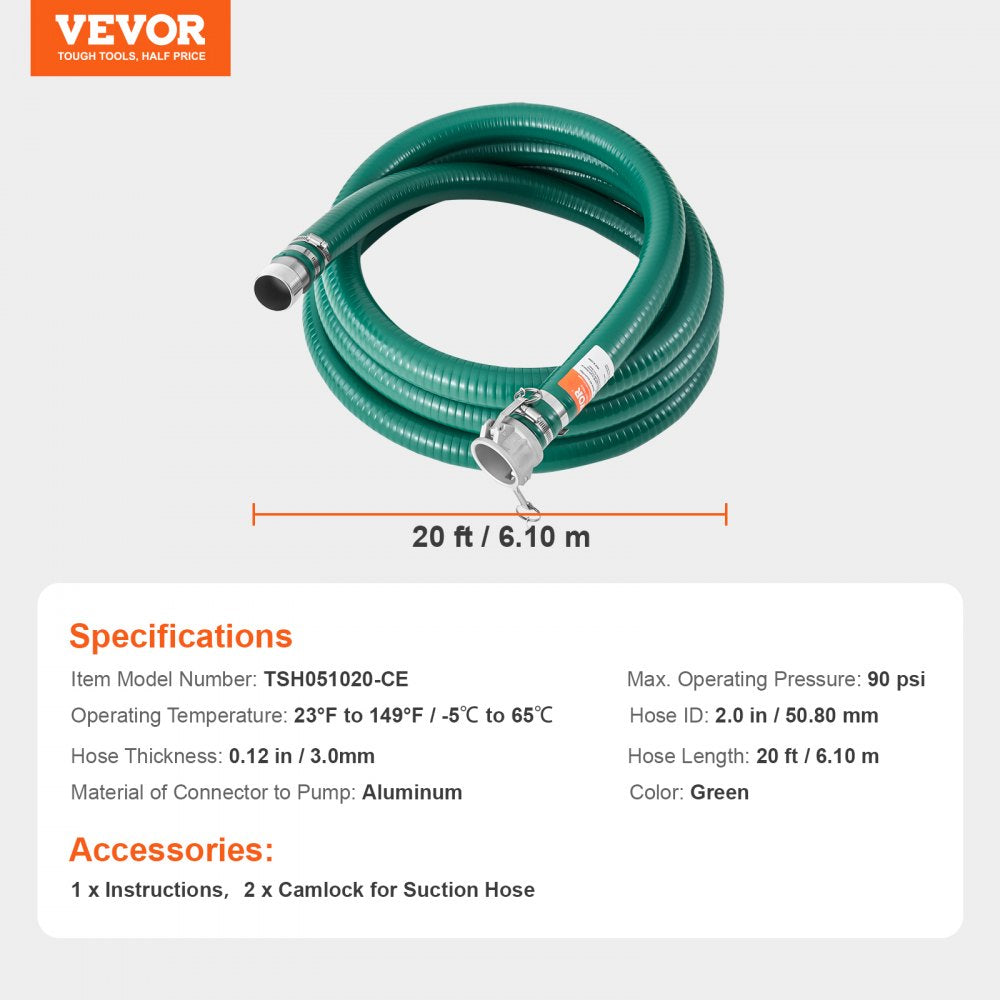 TSH051020-CE - 2" x 20' Durable Suction Hose Kit with Aluminum Camlocks