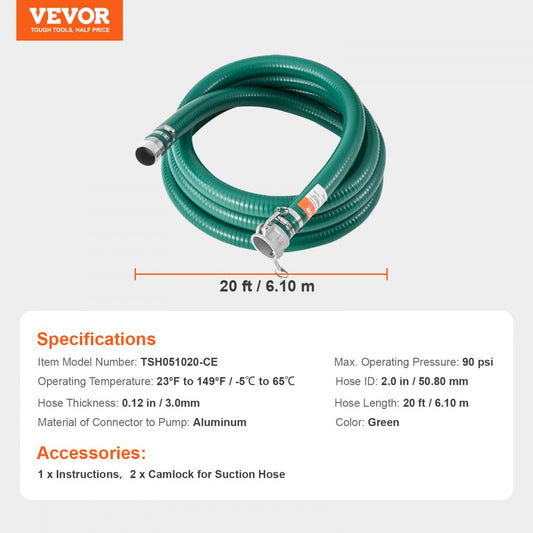 TSH051020-CE - 2" x 20' Durable Suction Hose Kit with Aluminum Camlocks