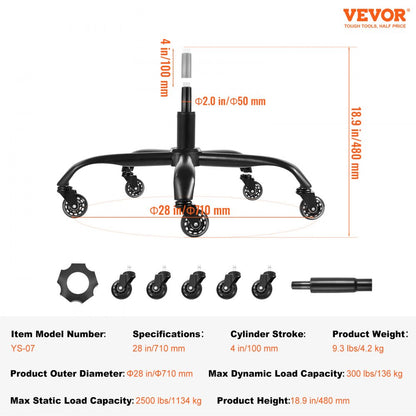YS-07 - Durable 28" Chair Base with 4" Lift for Office & Gaming