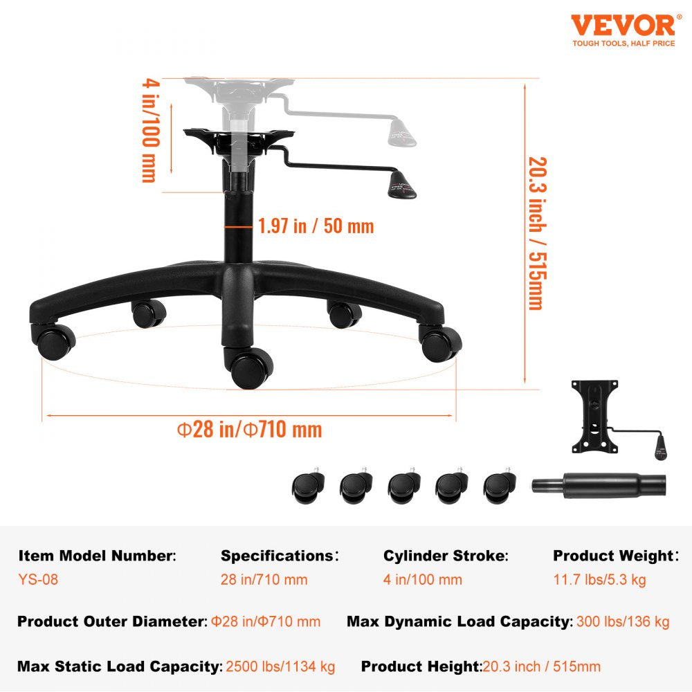 YS-08 - 28" VEVOR Office Chair Base, 2500 lbs Stability & 360° Rotation