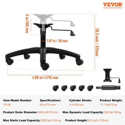 YS-08 - 28" VEVOR Office Chair Base, 2500 lbs Stability & 360° Rotation