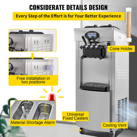 YKF-8228H - 2200W Stainless Steel Soft Serve Machine with 3 Flavors