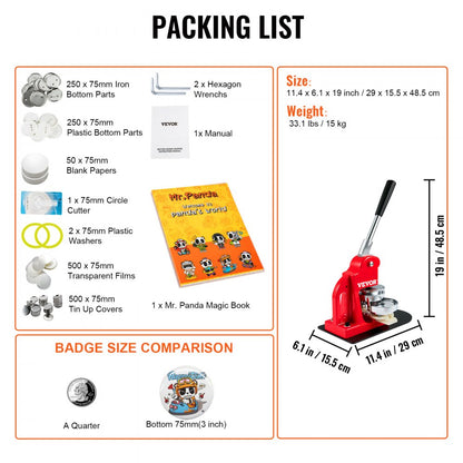 BJS-75-RD-01 - Durable 3" Button Maker with Ergonomic Handle & Complete Kit