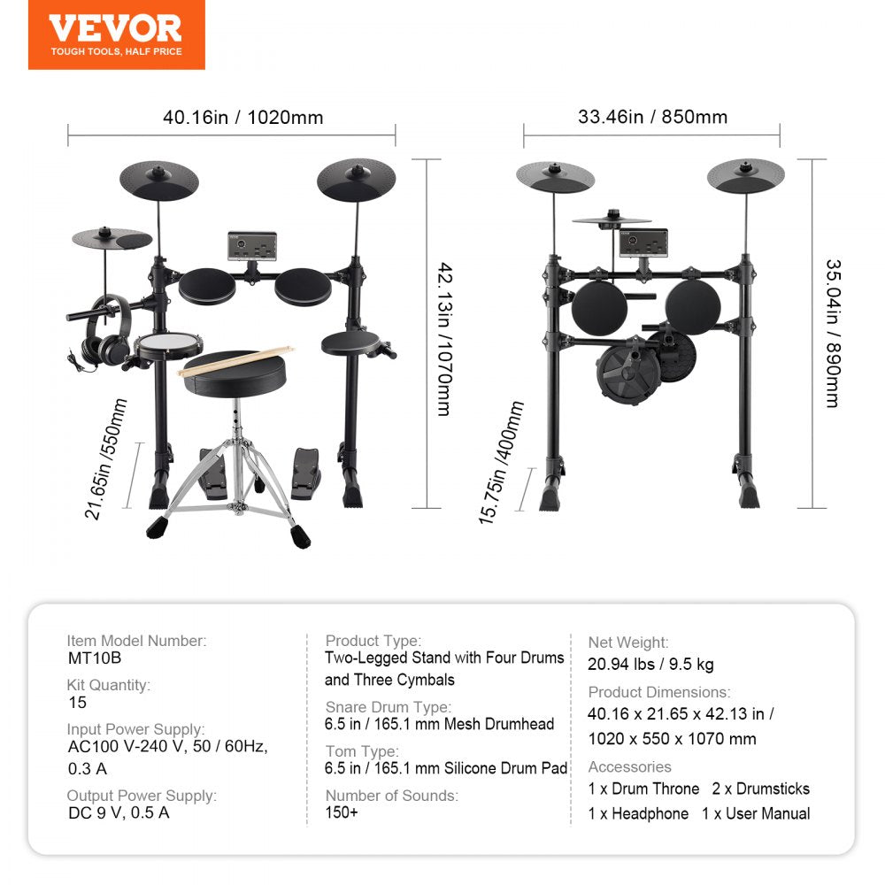 MT10B - Portable Electric Drum Kit with 6.5-Inch Pads & 150 Sounds