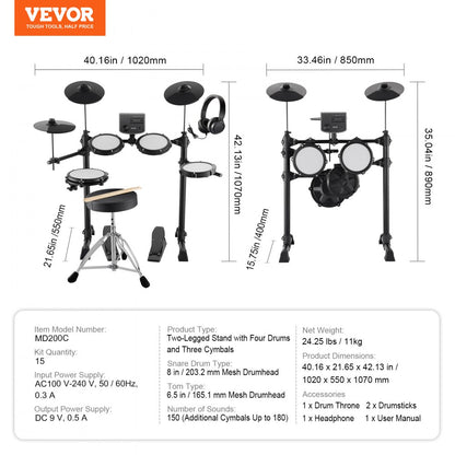 MD200C - VEVOR Electric Drum Kit with 8" Snare and 3 Toms