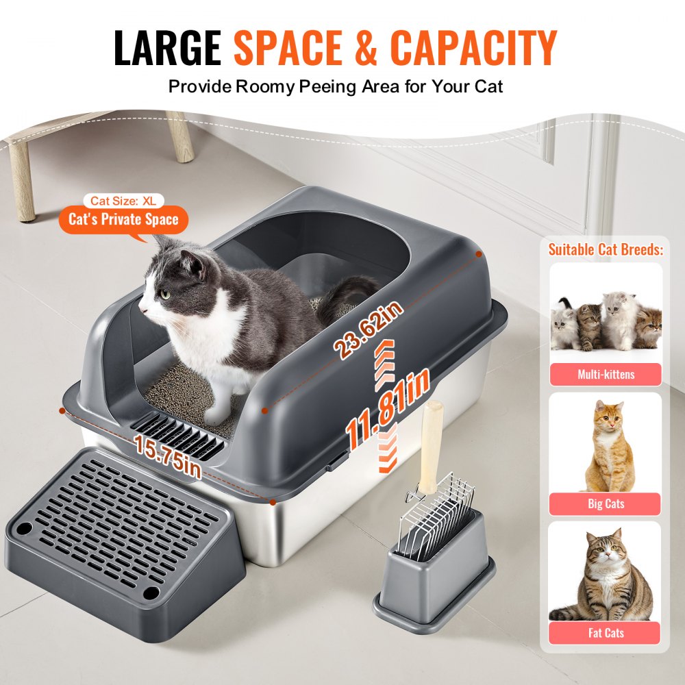 XM-0012 - 30L Stainless Steel Cat Litter Box with Filtering Footboard