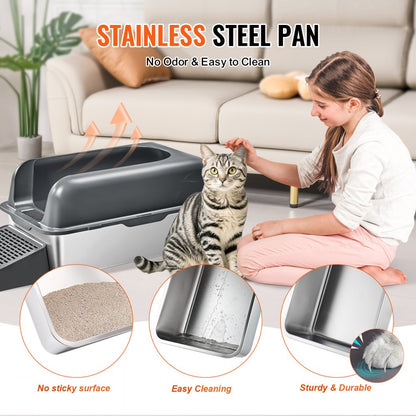 XM-0012 - 30L Stainless Steel Cat Litter Box with Filtering Footboard