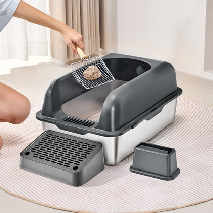 XM-0012 - 30L Stainless Steel Cat Litter Box with Filtering Footboard