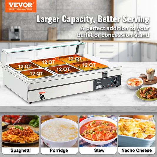 010417262888 - Stainless Steel 6-Pan Food Warmer with Glass Cover, 1500W
