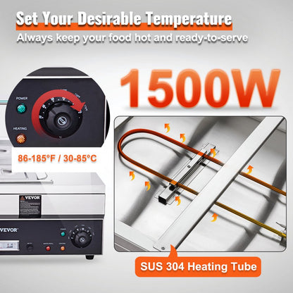 010417262888 - Stainless Steel 6-Pan Food Warmer with Glass Cover, 1500W