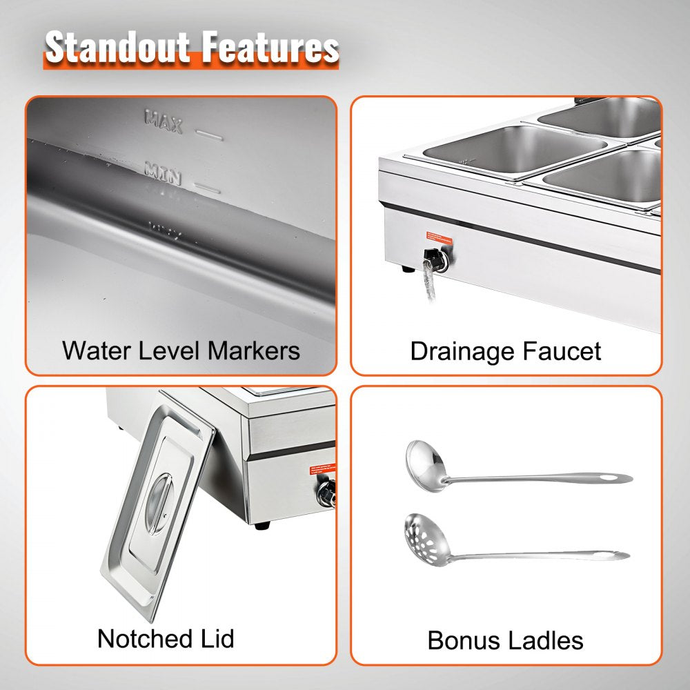 010417262888 - Stainless Steel 6-Pan Food Warmer with Glass Cover, 1500W