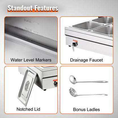 010417262888 - Stainless Steel 6-Pan Food Warmer with Glass Cover, 1500W