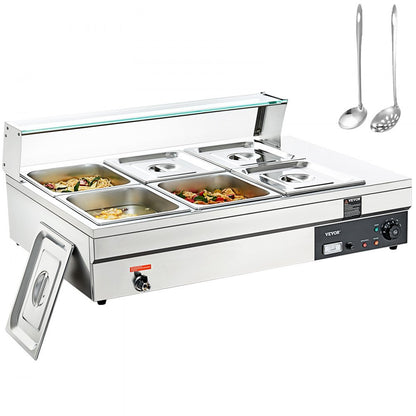010417262888 - Stainless Steel 6-Pan Food Warmer with Glass Cover, 1500W
