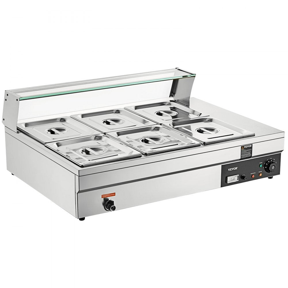 010417262888 - Stainless Steel 6-Pan Food Warmer with Glass Cover, 1500W