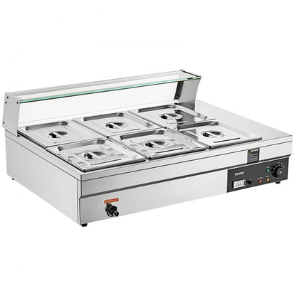 010417262888 - Stainless Steel 6-Pan Food Warmer with Glass Cover, 1500W