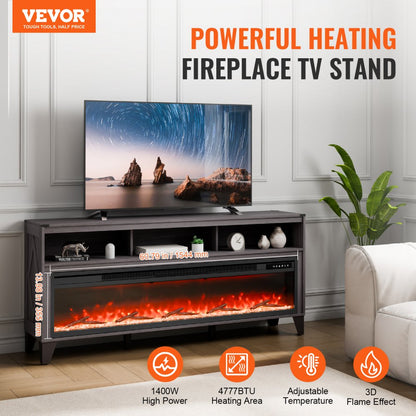 J02157-66 - 60" Fireplace TV Stand with LED Lights & Heating for 323 sq ft